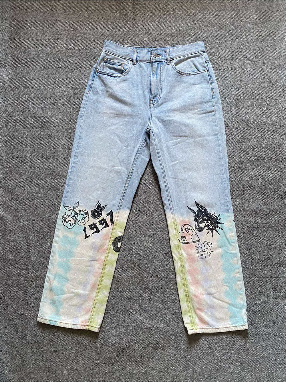 Urban Outfitters Light Blue Tie-Dye Straight Leg Jeans with Black Graphics